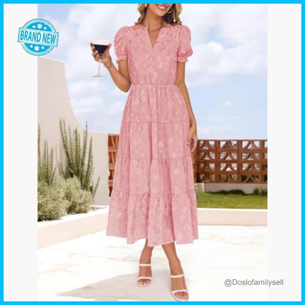Floral Textured Midi Dress Puff Sleeve V Neck Ruffle Chic Summer Party Wear - Picture 3 of 7